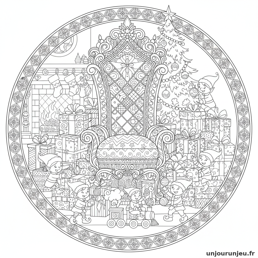Coloriage Noel Trone Pere Noel Entoure Cadeaux Lutins 14