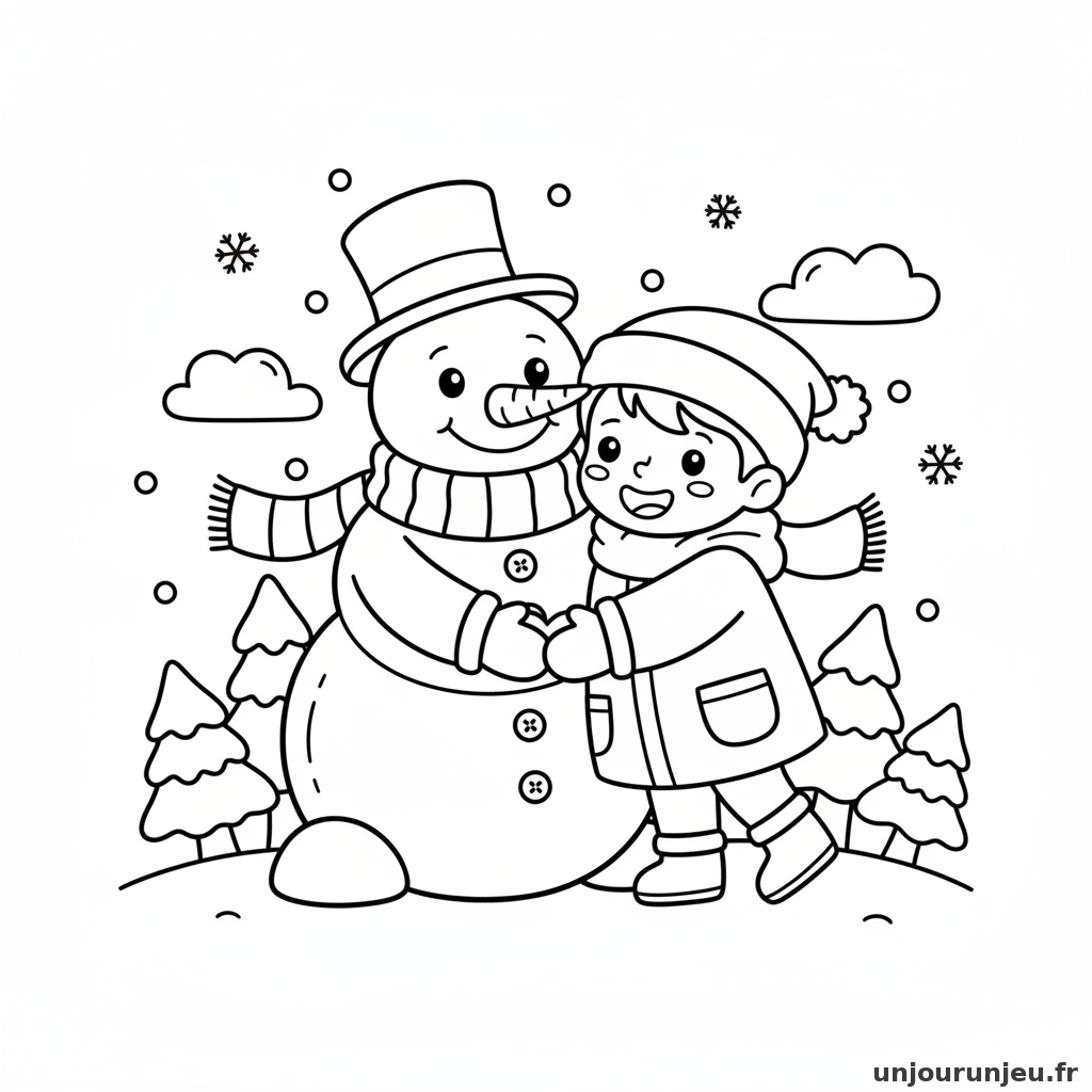 Coloriage Noel Bonhomme Neige Enfant Font Calin 09