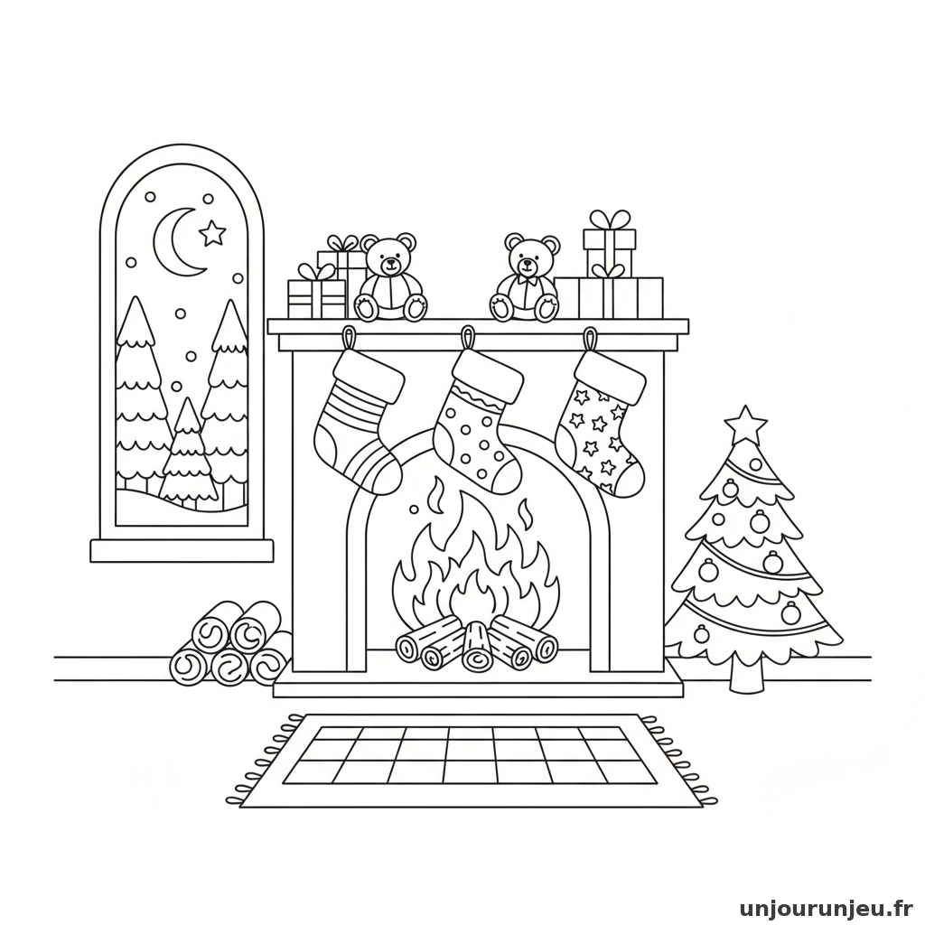 Coloriage Noel Cheminee Allumee Chaussettes Accrochees 17