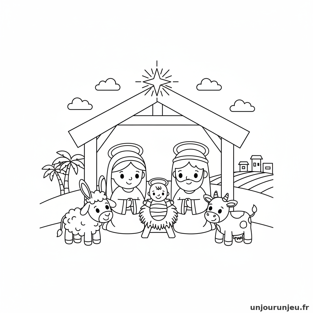 Coloriage Noel Creche Noel Simple Animaux 12