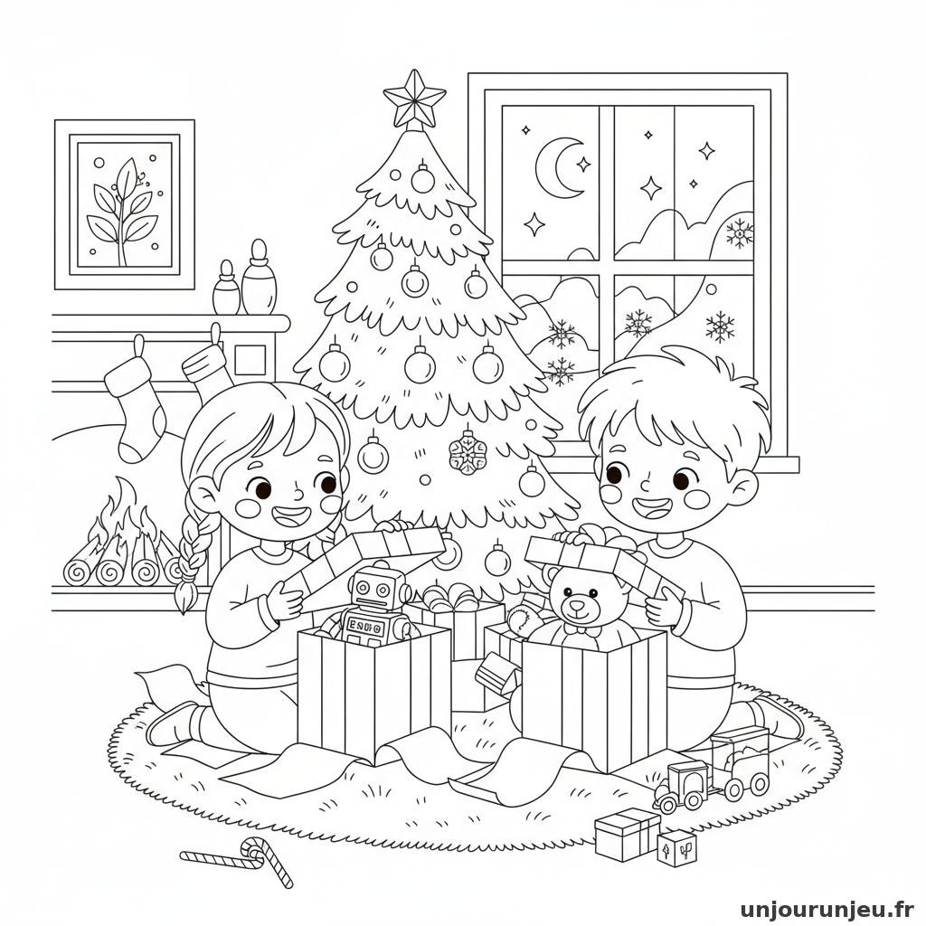 Coloriage Noel Enfants Ouvrent Leurs Cadeaux Matin Noel 05