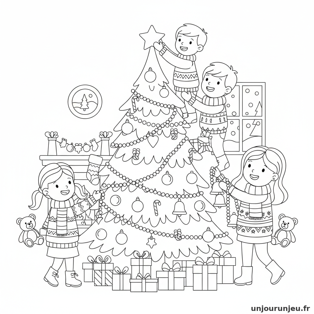 Coloriage Noel Famille Decore Sapin Noel 03