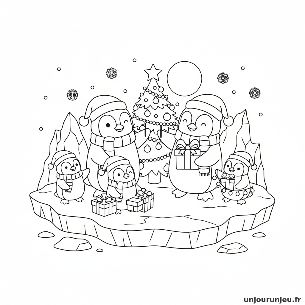 Coloriage Noel Famille Pingouins Fete Noel Banquise 14
