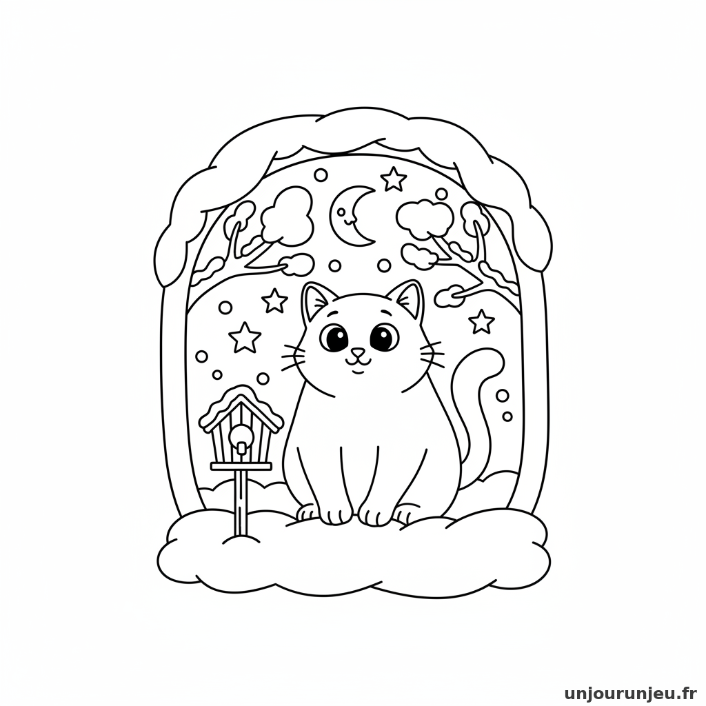 Coloriage Noel Fenetre Enneigee Chat Regardant Dehors 07