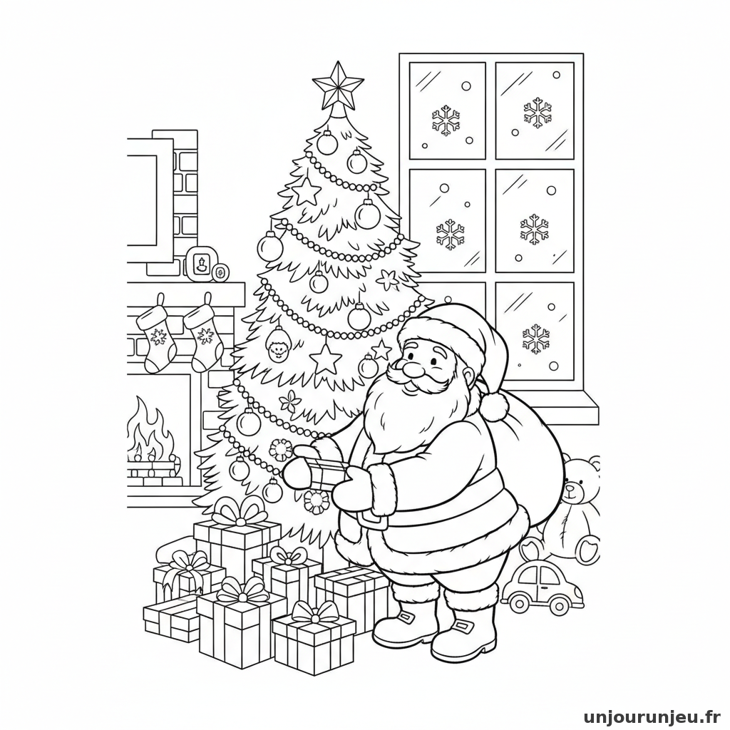 Coloriage Noel Pere Noel Depose Cadeaux Sapin 04