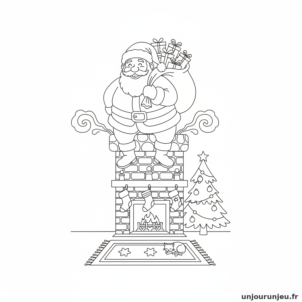 Coloriage Noel Pere Noel Grimpe Cheminee 01