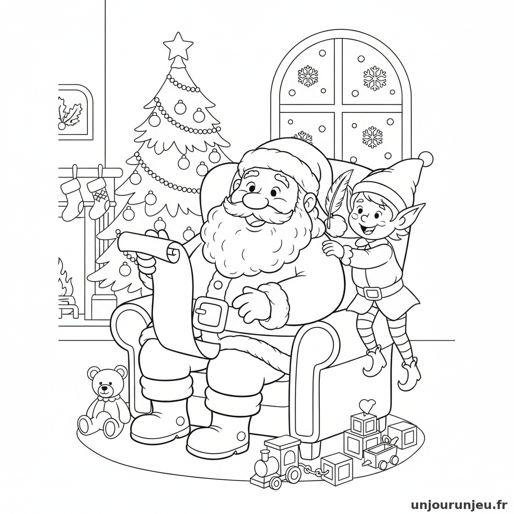 Coloriage Noel Pere Noel Lit Liste Lutin 11