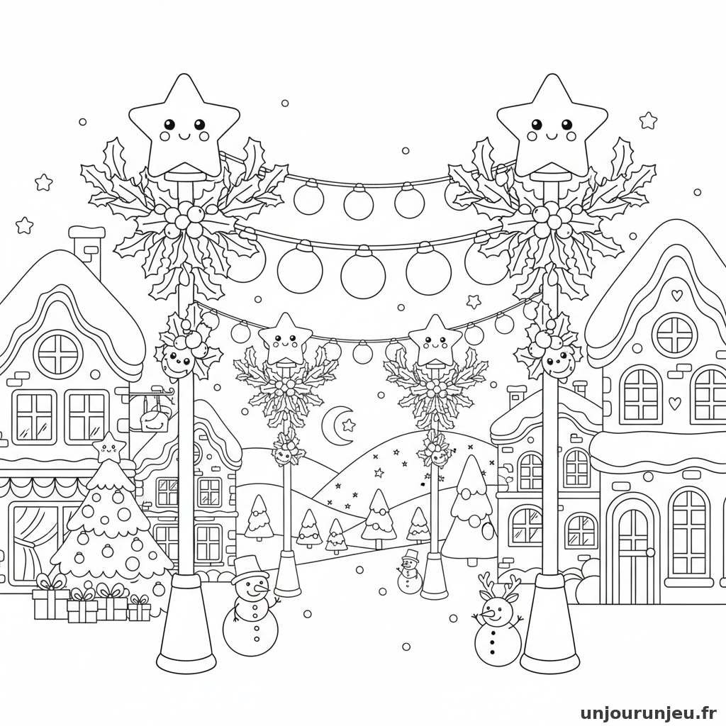 Coloriage Noel Rue Village Decoree Noel Lampadaires 08