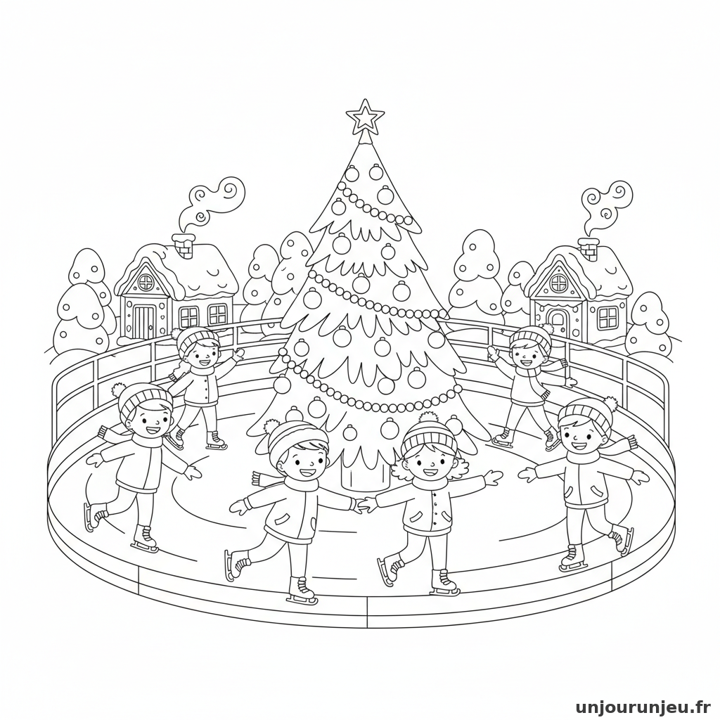 Coloriage Noel Scene Patinoire Sapin Noel Milieu 06