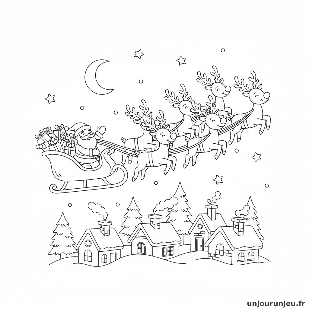 Coloriage Noel Traineau Pere Noel Rennes Dessus Toits 02