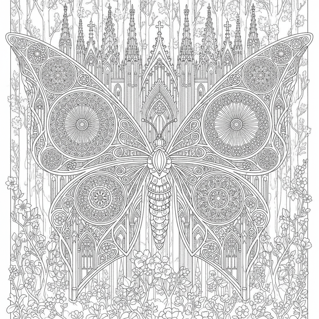 Coloriage Papillon Un Papillon Cathedral Avec Des Rosaces Et Des Arcs Gothiques 12