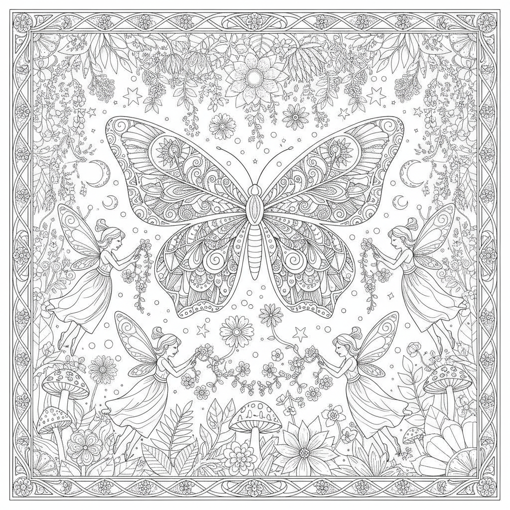 Coloriage Papillon Un Papillon Feerique Entoure De Fees Et De Fleurs Tres Detai 03