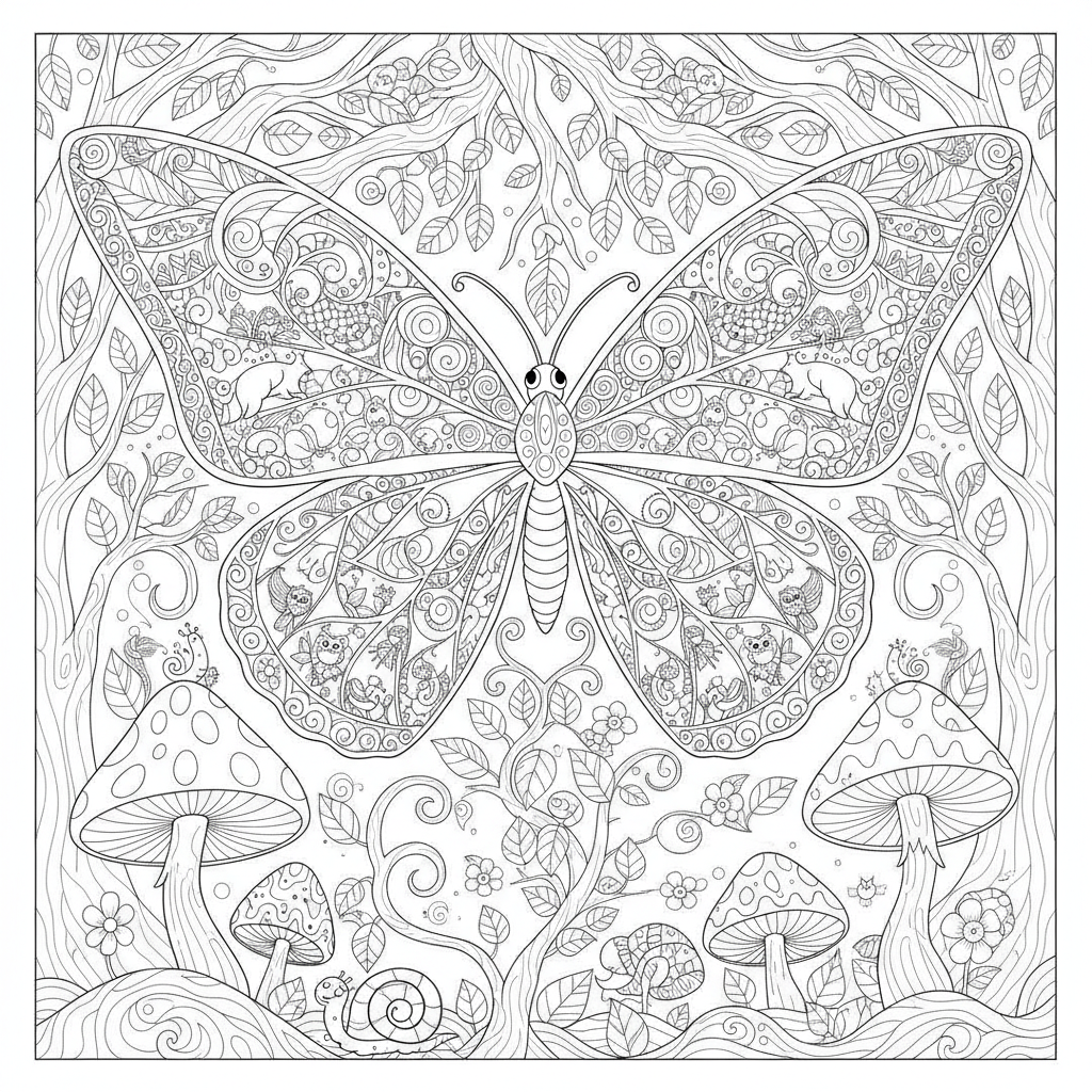 Coloriage Papillon Un Papillon Foret Enchantee Avec Des Arbres Des Champignons 17