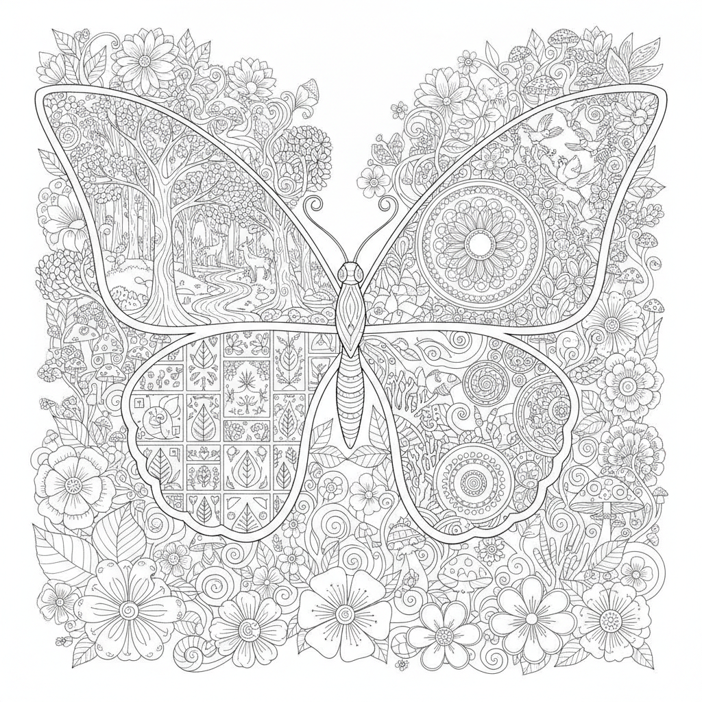 Coloriage Papillon Un Papillon Jardin Dont Les Ailes Sont Remplies De Scenes De 11