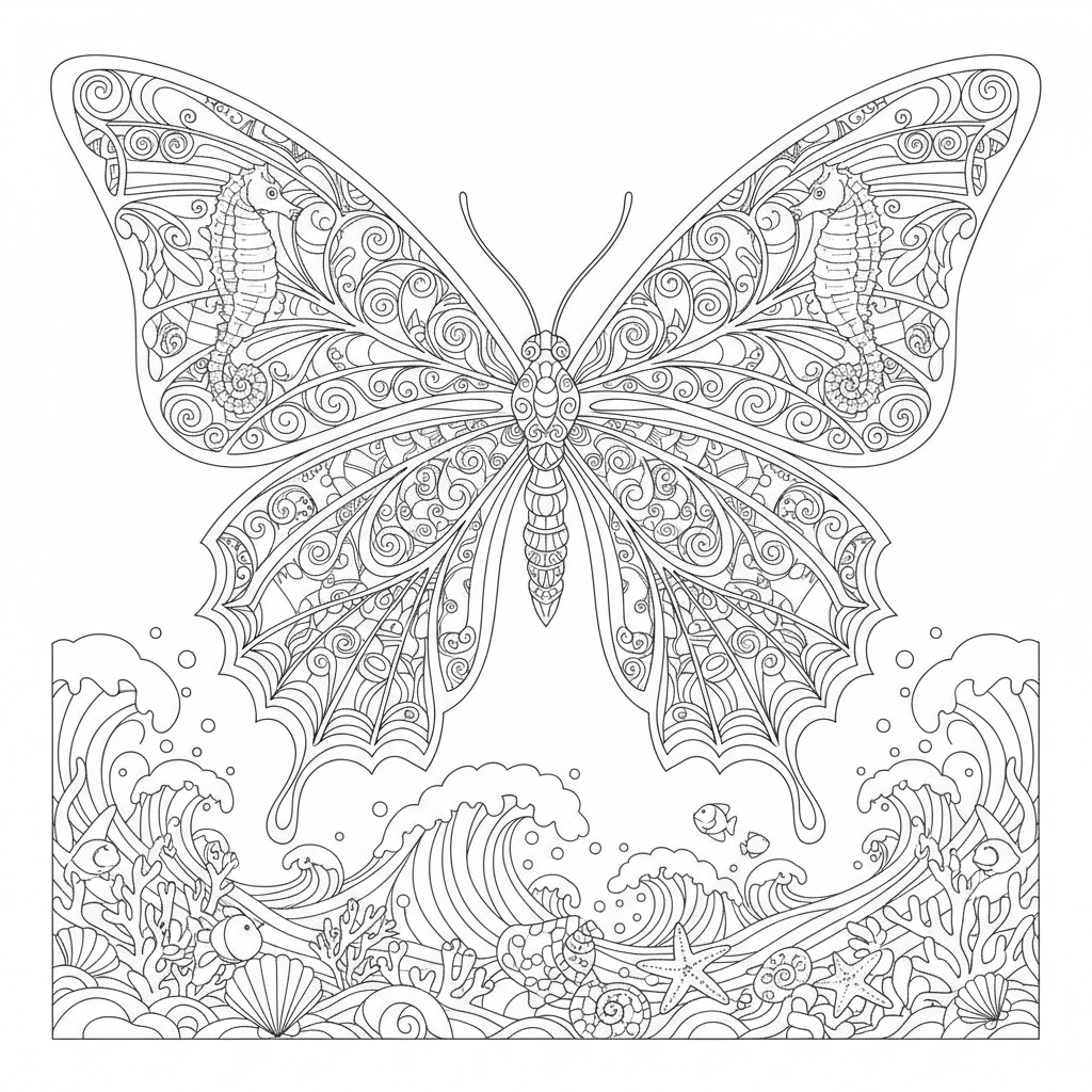 Coloriage Papillon Un Papillon Ocean Avec Des Vagues Des Coquillages Et Des Hip 19