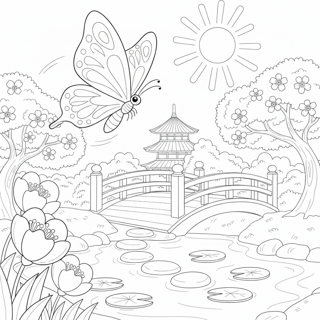 Coloriage Papillon Un Papillon Dans Un Jardin Japonais Avec Un Pont 14