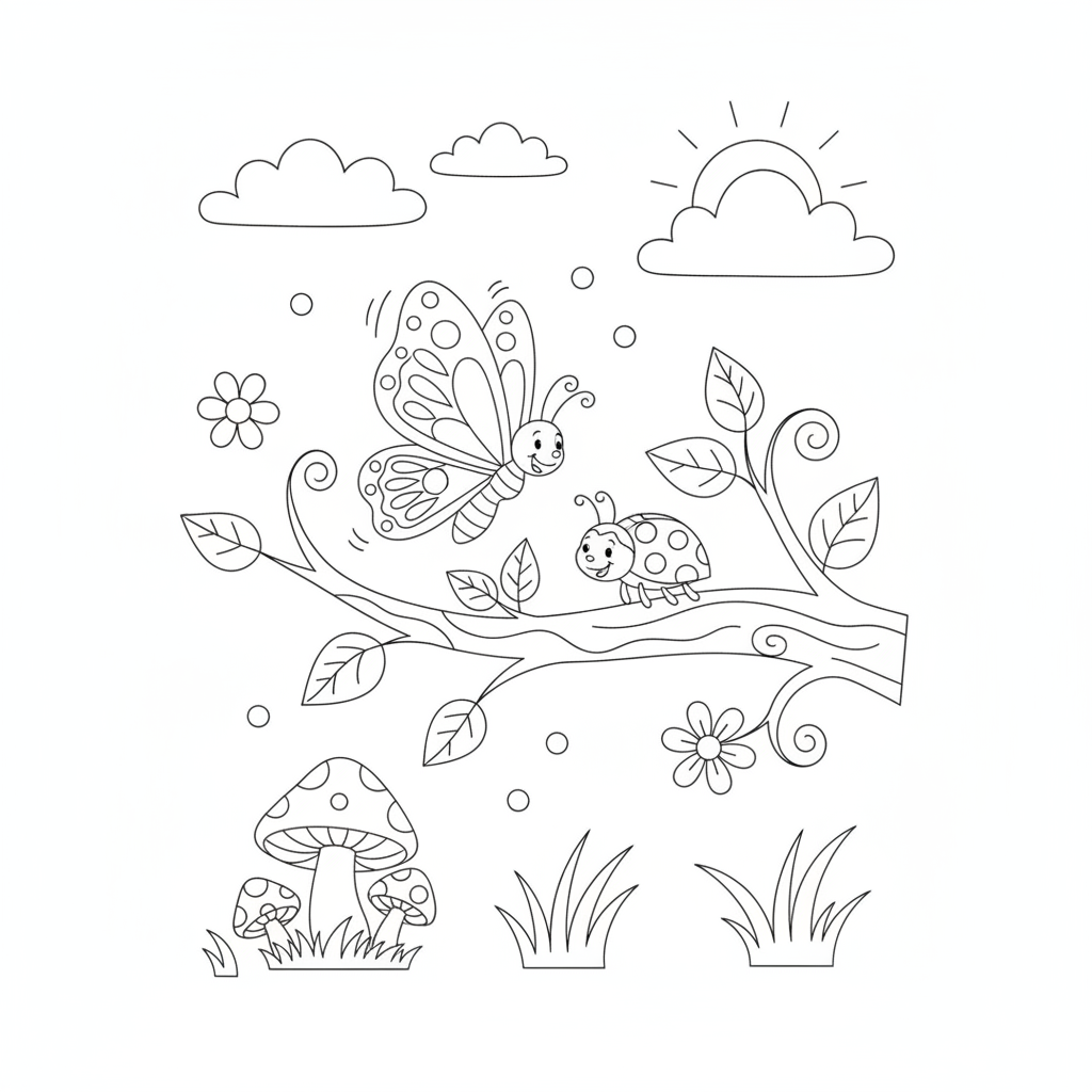 Coloriage Papillon Un Papillon Et Une Coccinelle Sur La Meme Branche 03
