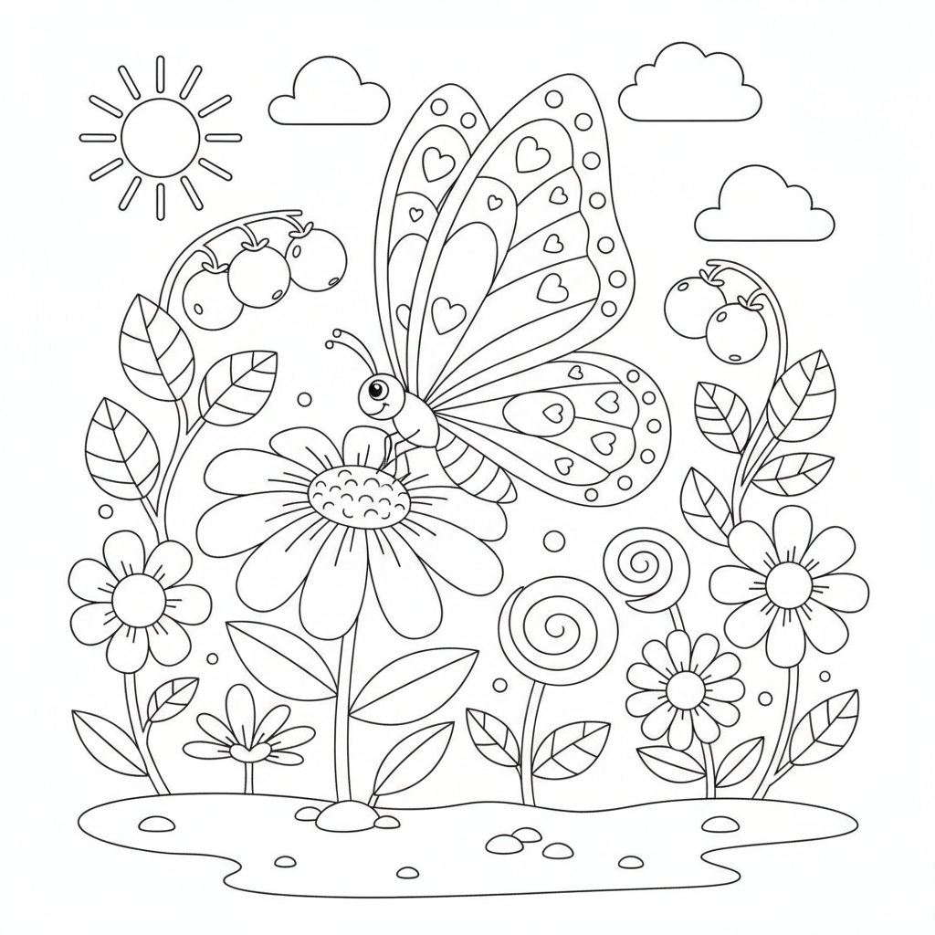 Coloriage Papillon Un Papillon Qui Butine Dans Un Jardin Fleuri 01