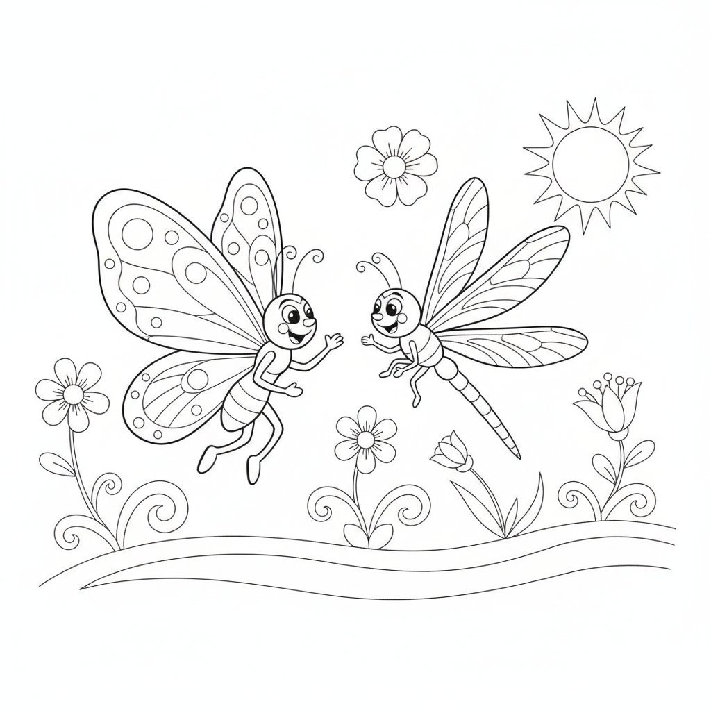 Coloriage Papillon Un Papillon Qui Danse Avec Une Libellule 07