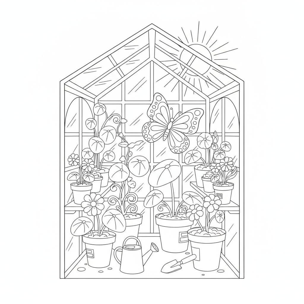 Coloriage Papillon Un Papillon Qui Explore Une Serre Pleine De Plantes 08