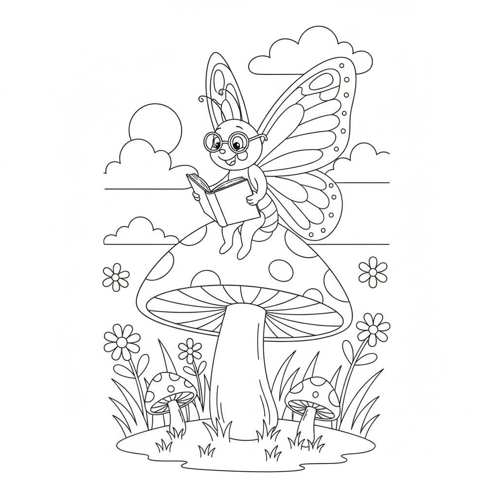 Coloriage Papillon Un Papillon Qui Lit Un Livre Installe Sur Un Champignon 17