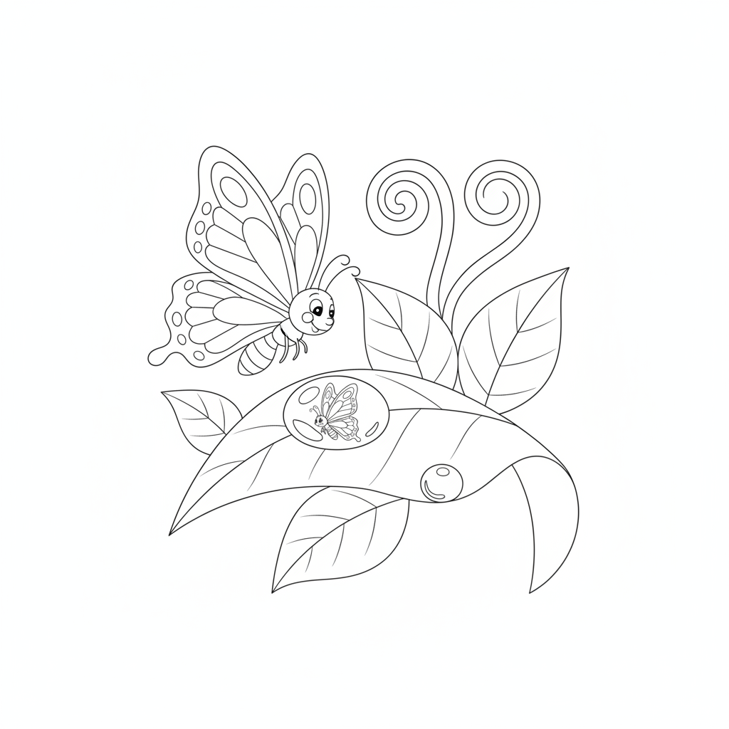 Coloriage Papillon Un Papillon Qui Se Regarde Dans Une Goutte De Rosee 06
