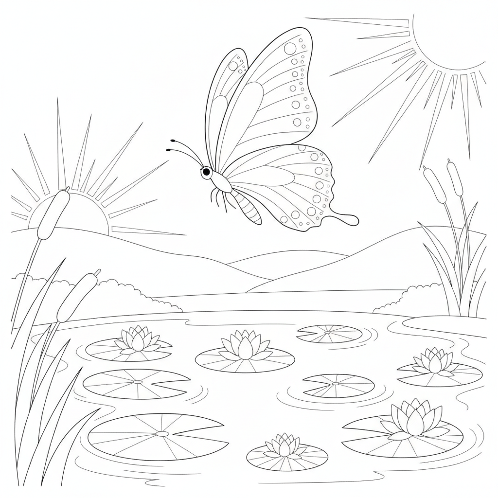 Coloriage Papillon Un Papillon Qui Vole Au Dessus Dun Etang Avec Des Nenuphars 02