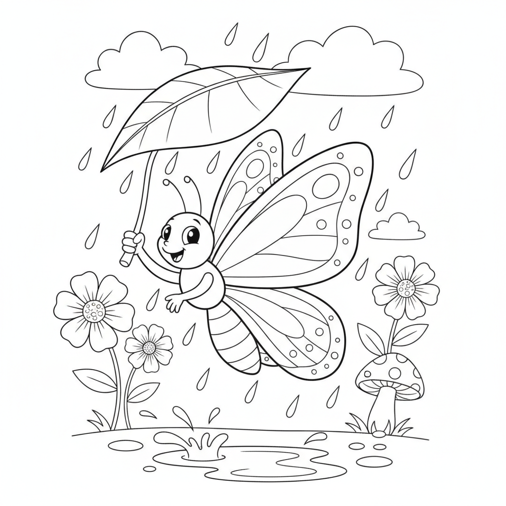 Coloriage Papillon Un Papillon Qui Vole Sous La Pluie Avec Une Feuille Paraplui 18