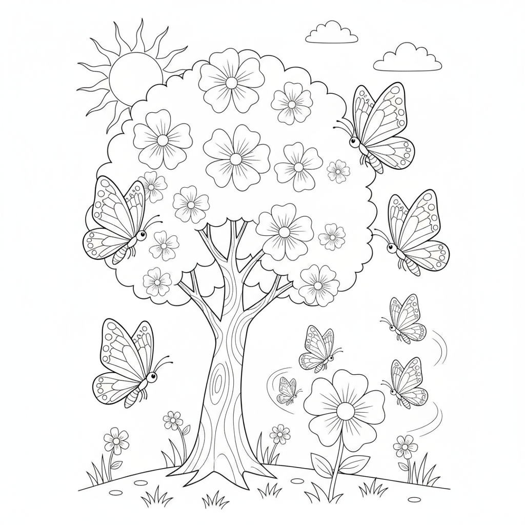 Coloriage Papillon Une Famille De Papillons Autour Dun Arbre En Fleurs 05