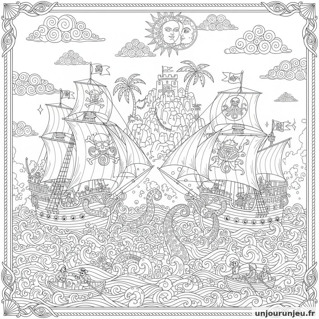 Coloriage Pirate Bataille Navale Entre Deux Galions Pirates 04