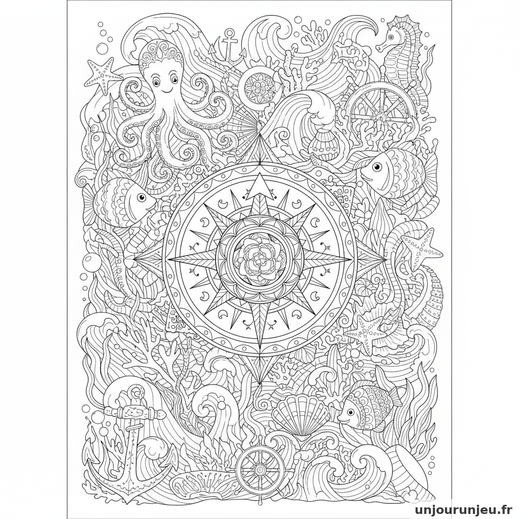 Coloriage Pirate Boussole Magique Entouree Motifs Maritimes 18