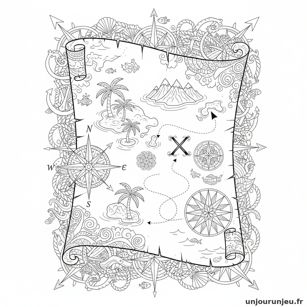 Coloriage Pirate Carte Tresor Ornee Compas Roses Vents 03