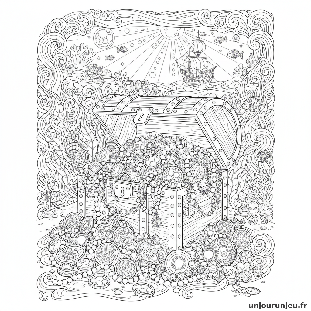 Coloriage Pirate Coffre Tresor Debordant Pieces Perles Bijoux 05