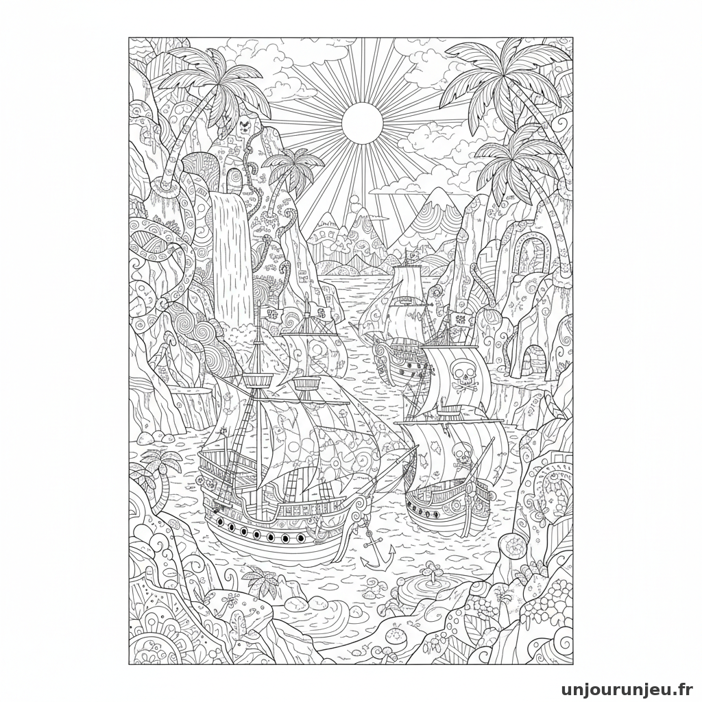 Coloriage Pirate Crique Secrete Plusieurs Navires Pirates Ancres 10