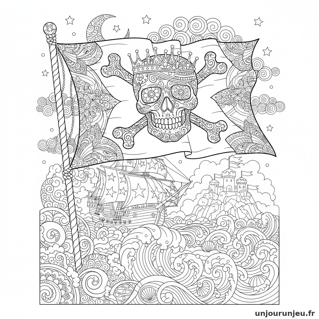 Coloriage Pirate Drapeau Pirate Fond Tres Detaille Crane Tibias 14