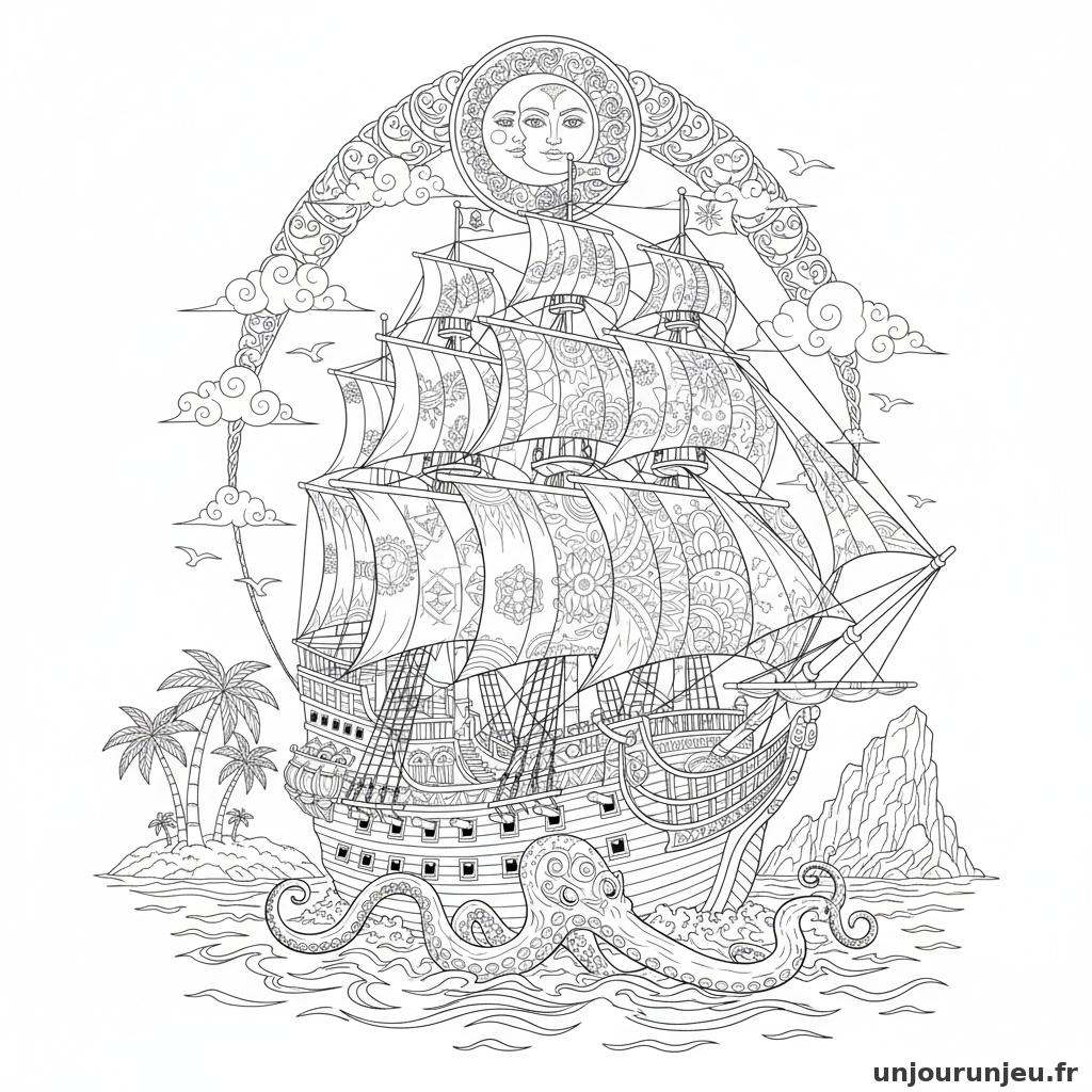 Coloriage Pirate Grand Navire Pirate Tres Detaille Mille Cordages 01