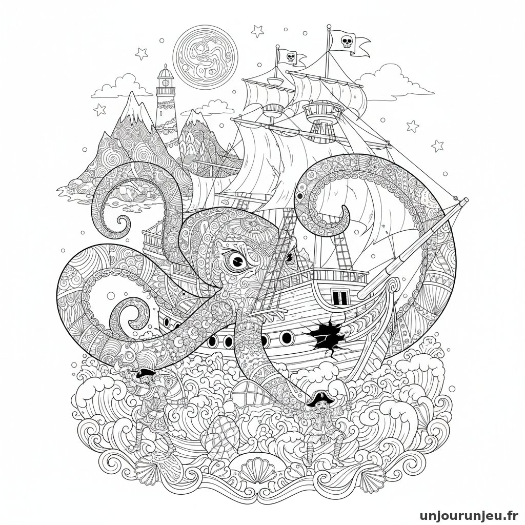 Coloriage Pirate Kraken Geant Attaque Navire Pirate 09