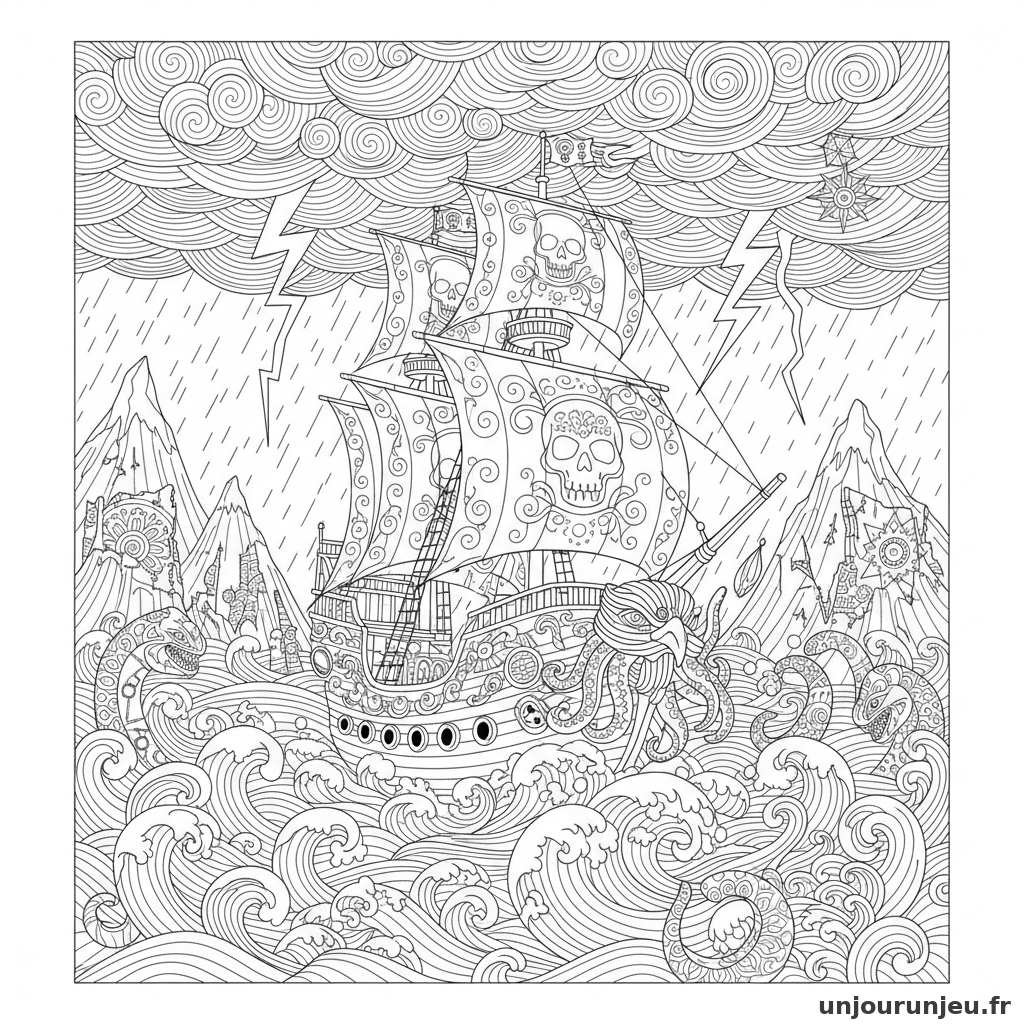 Coloriage Pirate Navire Pirate Naviguant Orage Eclairs 17