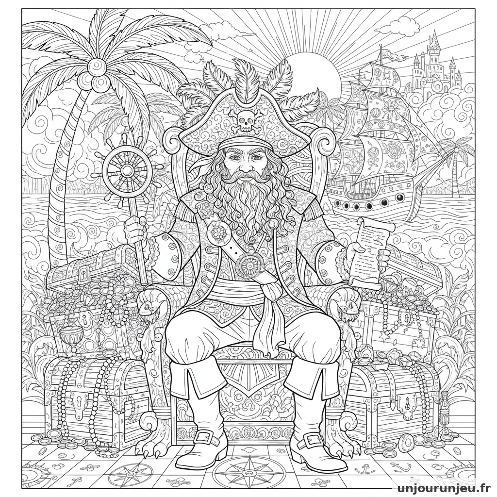 Coloriage Pirate Pirate Roi Assis Trone Fait Coffres 15