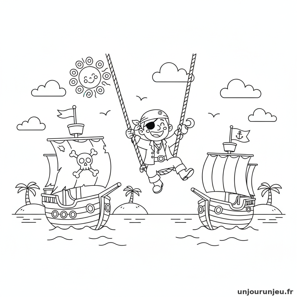 Coloriage Pirate Pirate Balance Corde Entre Deux Bateaux 11