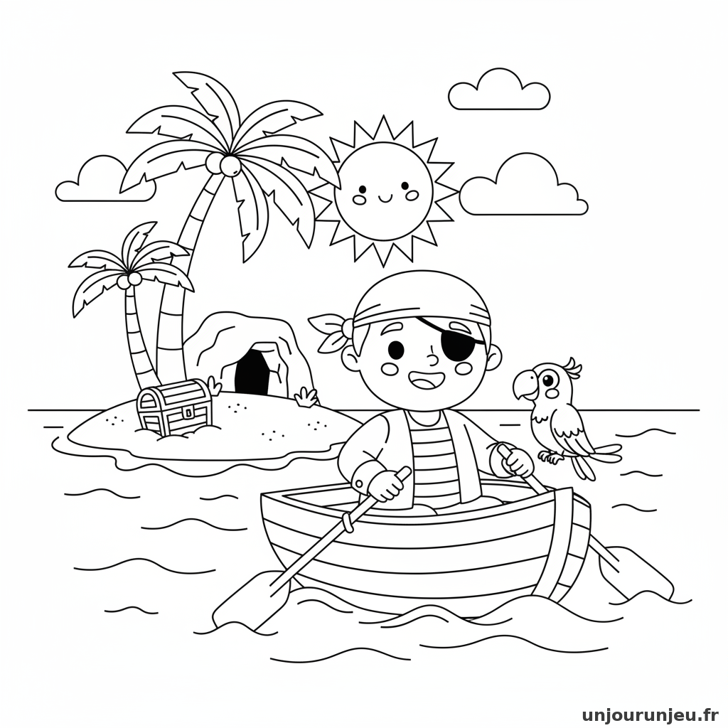 Coloriage Pirate Pirate Barque Rame Vers Ile 03
