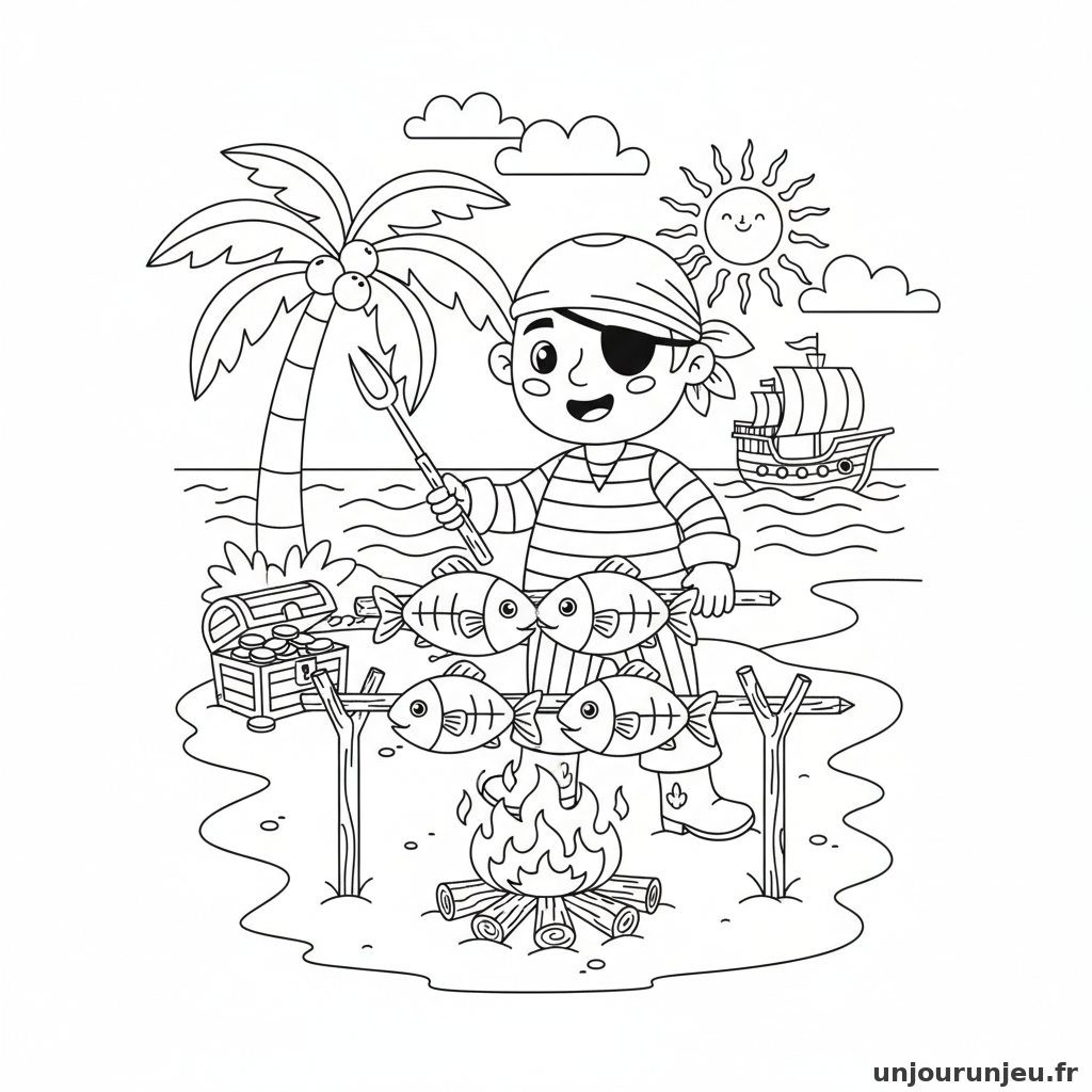 Coloriage Pirate Pirate Fait Griller Poissons Plage 12