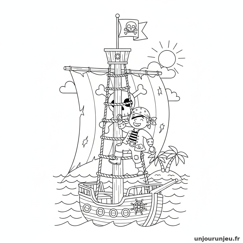 Coloriage Pirate Pirate Grimpe Mat Navire 04