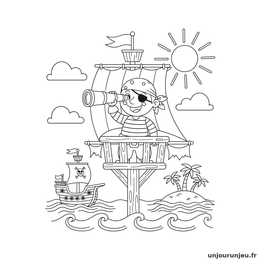 Coloriage Pirate Pirate Regarde Longue Vue Depuis Vigie 08