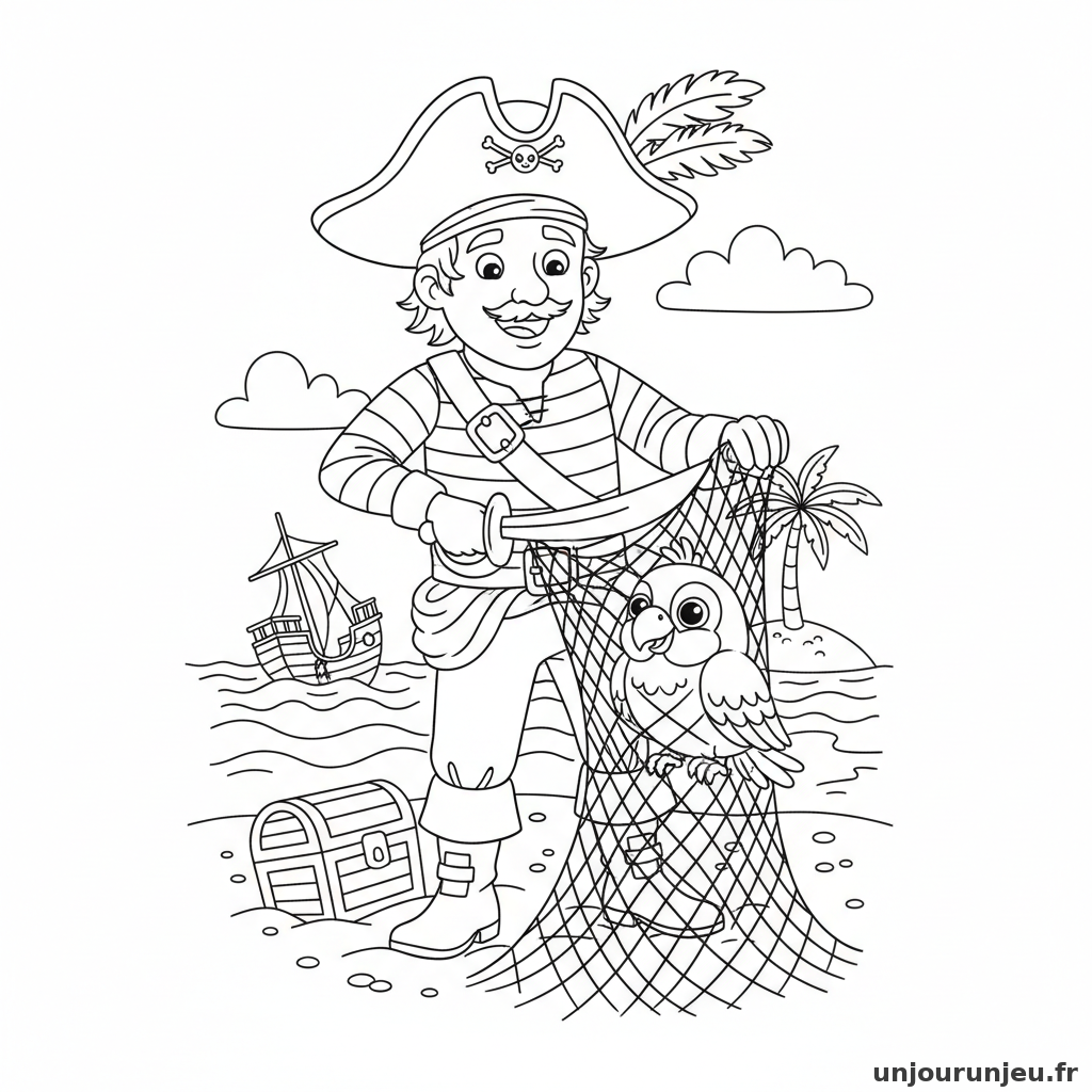 Coloriage Pirate Pirate Sauve Perroquet Pris Filets 15