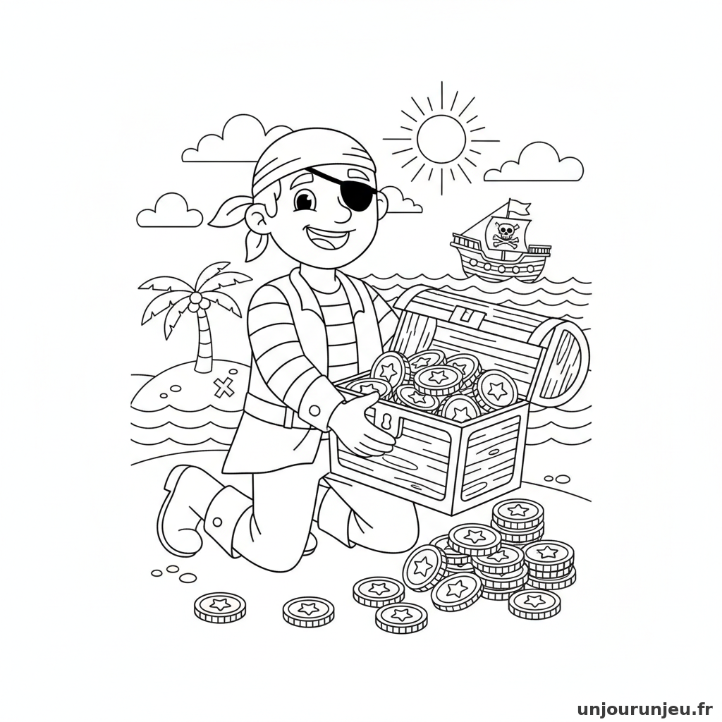 Coloriage Pirate Pirate Trouve Coffre Rempli Pieces Dor 06