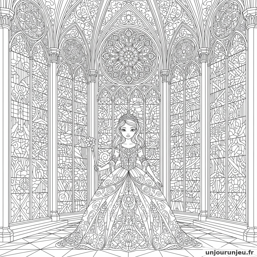 Coloriage Princesse Princesse Cathedrale Vitraux Detailles 02