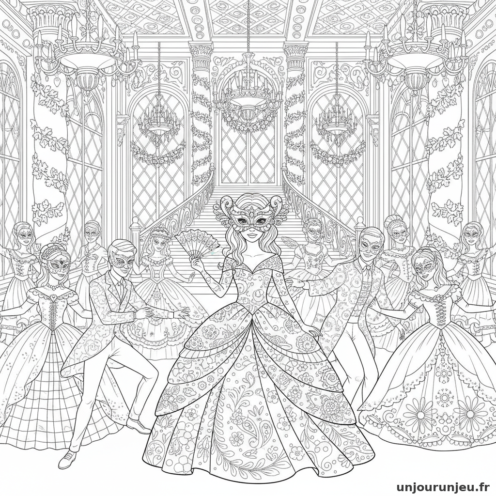 Coloriage Princesse Princesse Centre Dun Bal Masque Fastueux 03
