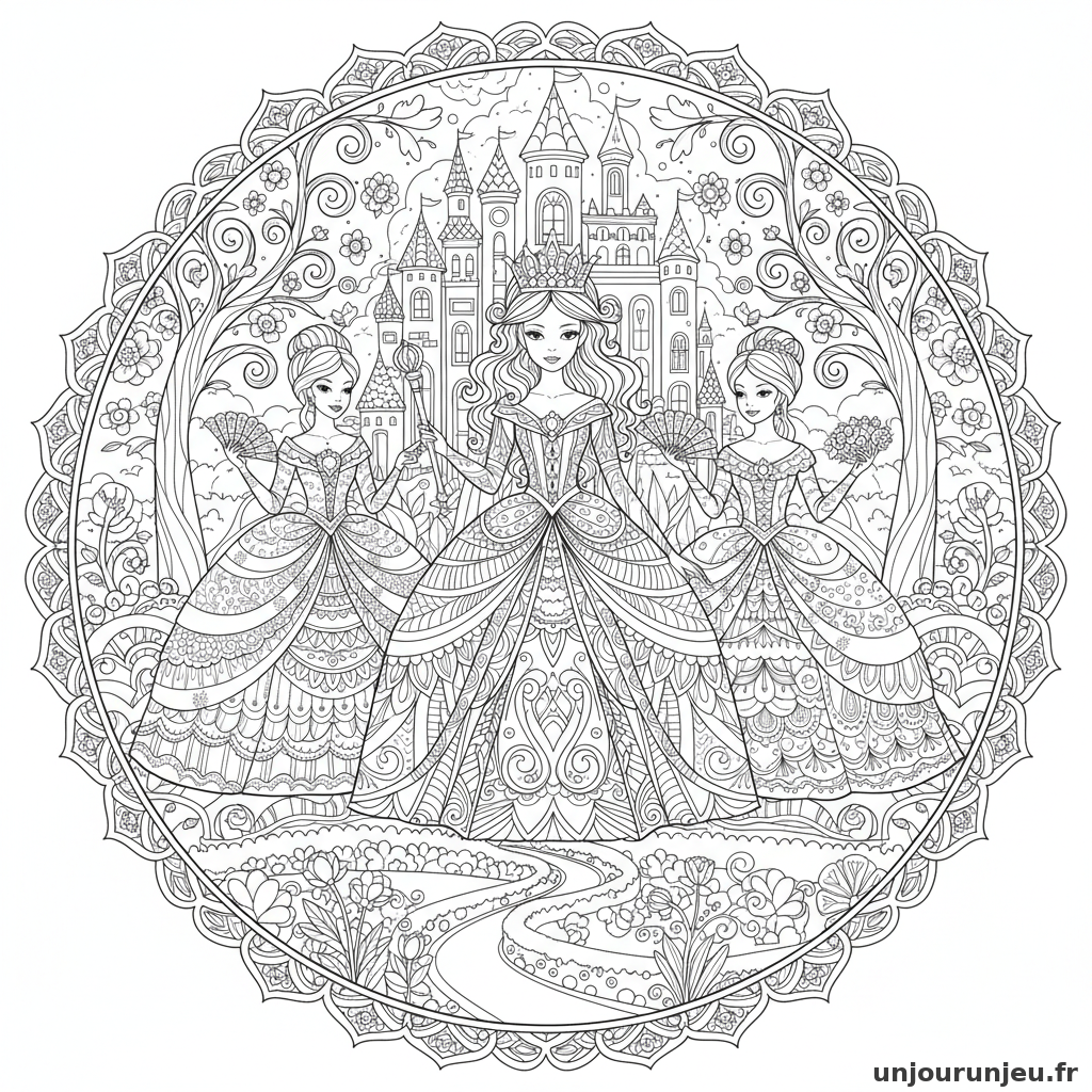 Coloriage Princesse Princesse Couronnee Entouree Dames Dhonneur 06