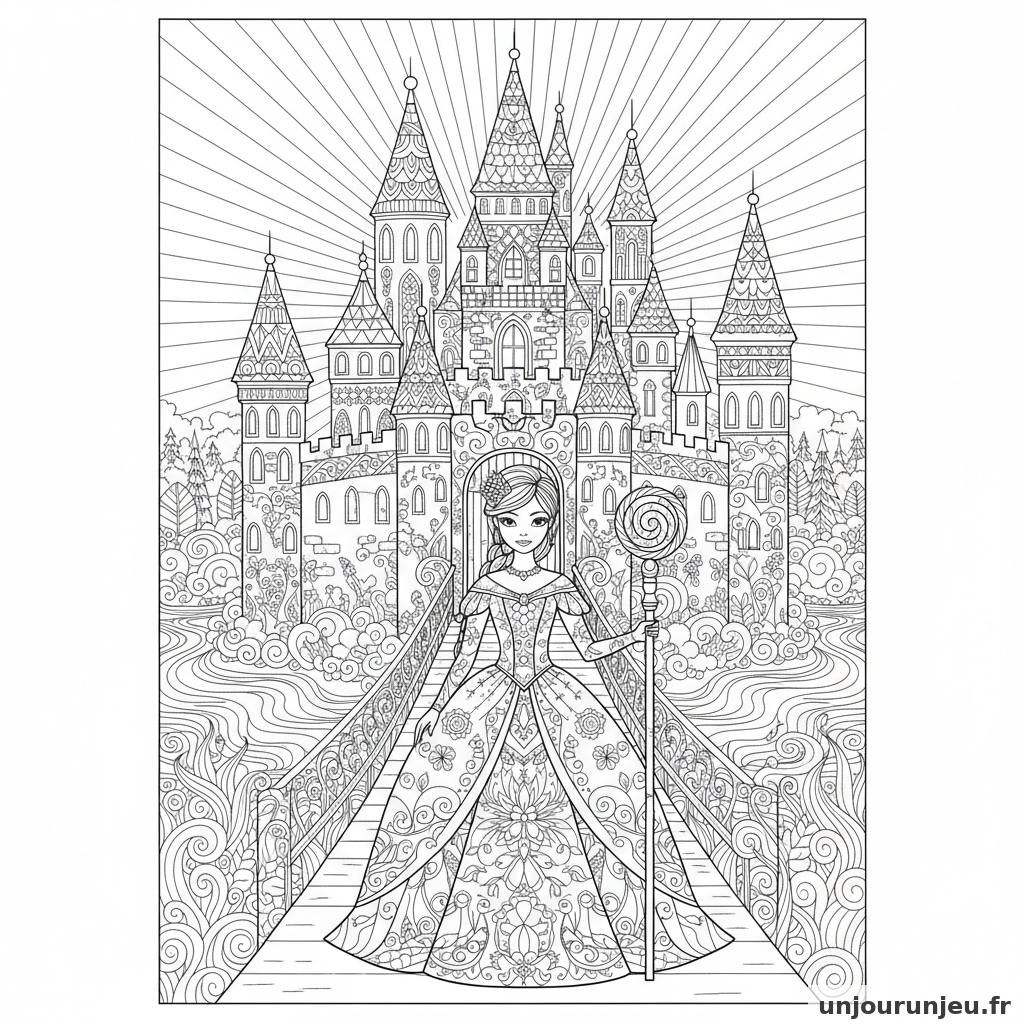 Coloriage Princesse Princesse Devant Chateau Tres Complexe Douves 05